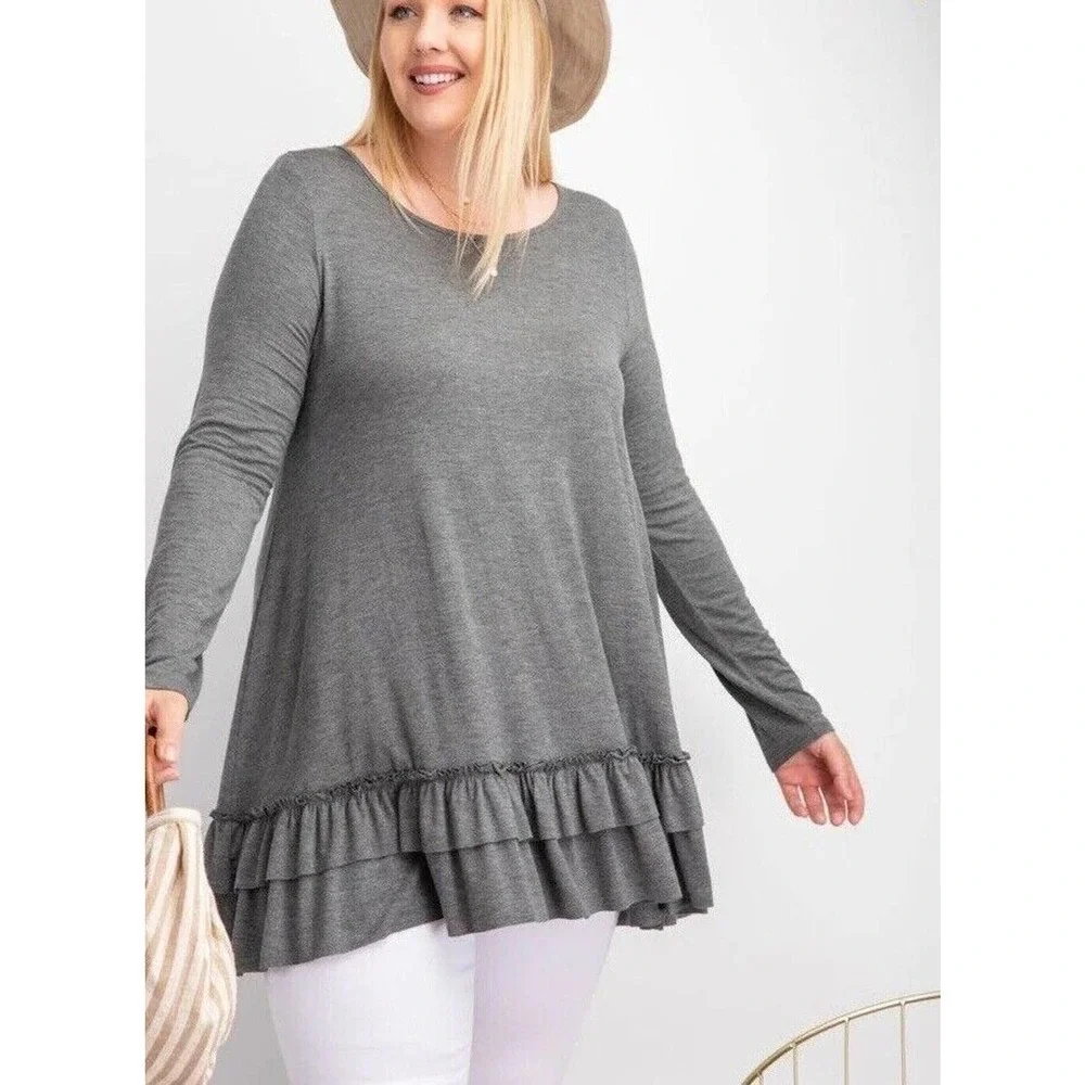 Anthropologie Easel | Ruffle Hem Tunic Dress Size L Gray Pullover Stretch